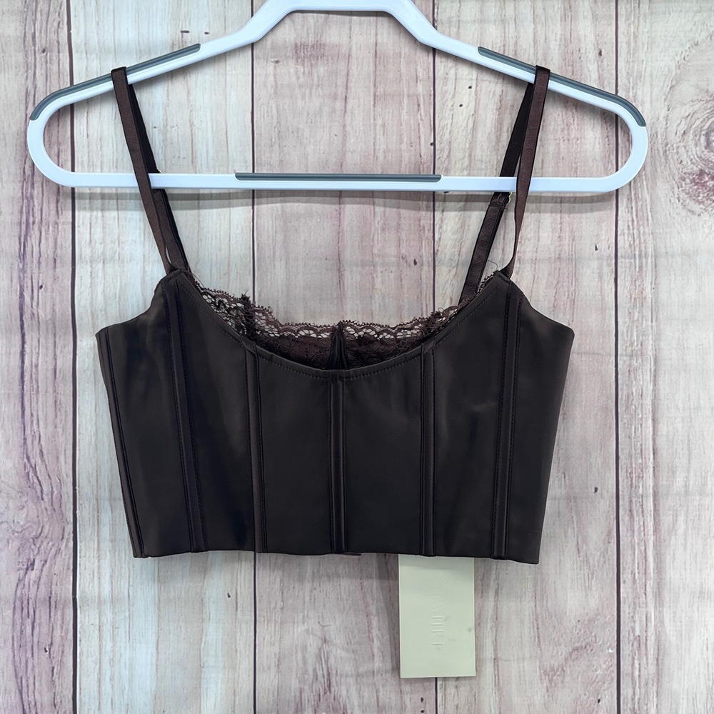 New Meshki Intimate Lake Lace Cami Crop Top‎ Chocolate Brown Corset Sz XS